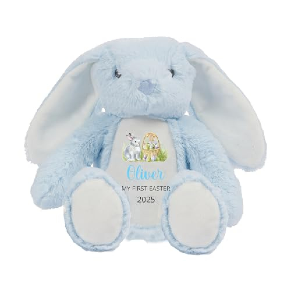 Personalised Easter Bunny with Name, Custom Easter Gift, Easter Bunny Soft Toy, Baby Easter Gift, New Baby Gift, Easter Gift for Babies, Easter Bunny Teddy (First Easter Blue, Blue Bunny)