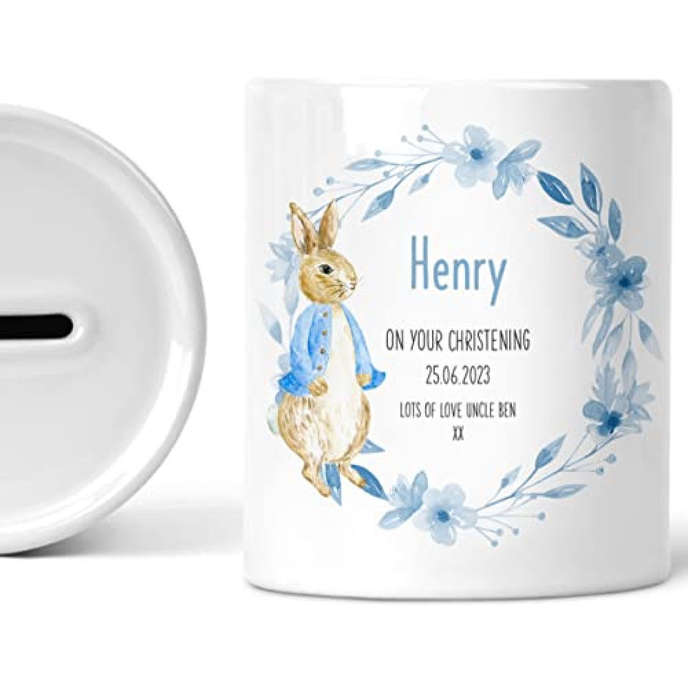 Personalised Money Box, Christening Gift for Boy, Custom Christening Gift, Baptism Gift, Christening Keepsake, Rabbit, Piggy Bank, Ceramic Money Bank, Savings Jar