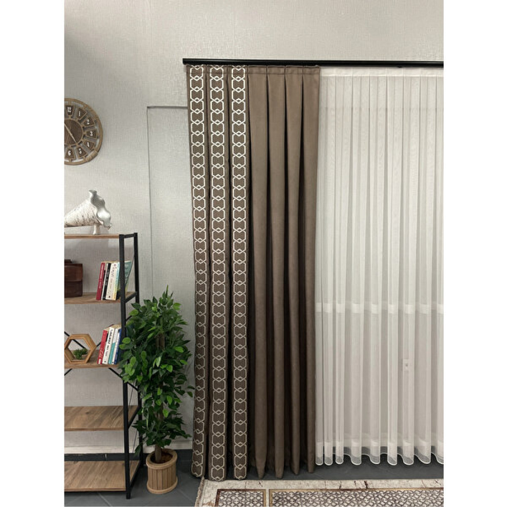 PERSTANBUL Yeni Piraye Pano Fon Perde 1/3 Pileli Kırışmaz Dikey Desen Detaylı Fon Perde - 90 x 265 cm - Kahverengi Fon Perde Fiyatı