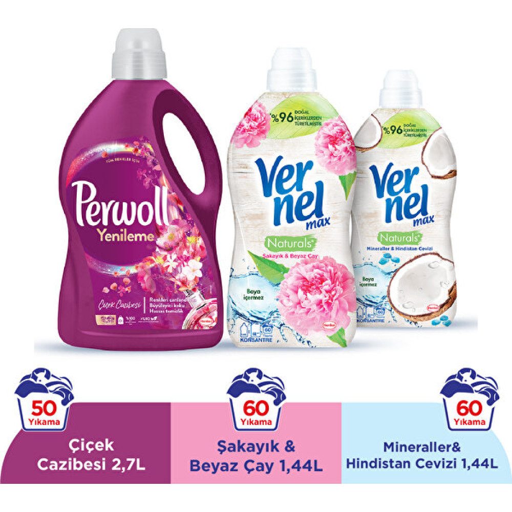 Perwoll Yenileme Çiçek Cazibesi Renkliler 2.75L & Vernel Max Naturals Şakayık ve Beyaz Çay 1.44L & Vernel Max Naturals Mineraller ve Hindistan Cevi... Çamaşır Deterjanı Fiyatı