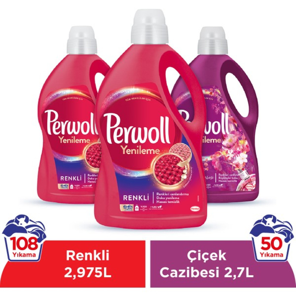 Perwoll Yenileme Renkli 2x2.97L & Perwoll Yenileme Çiçek Cazibesi Renkliler 2.75L (3'lü Set) - 3 lt Çamaşır Deterjanı Fiyatı