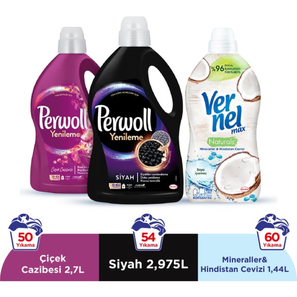 Perwoll Yenileme Siyah 2.97L & Perwoll Yenileme Çiçek Cazibesi Renkliler 2.75L & Vernel Max Naturals Mineraller ve Hindistan Cevizi 1.44L - 1 - 7 lt Çamaşır Deterjanı Fiyatı