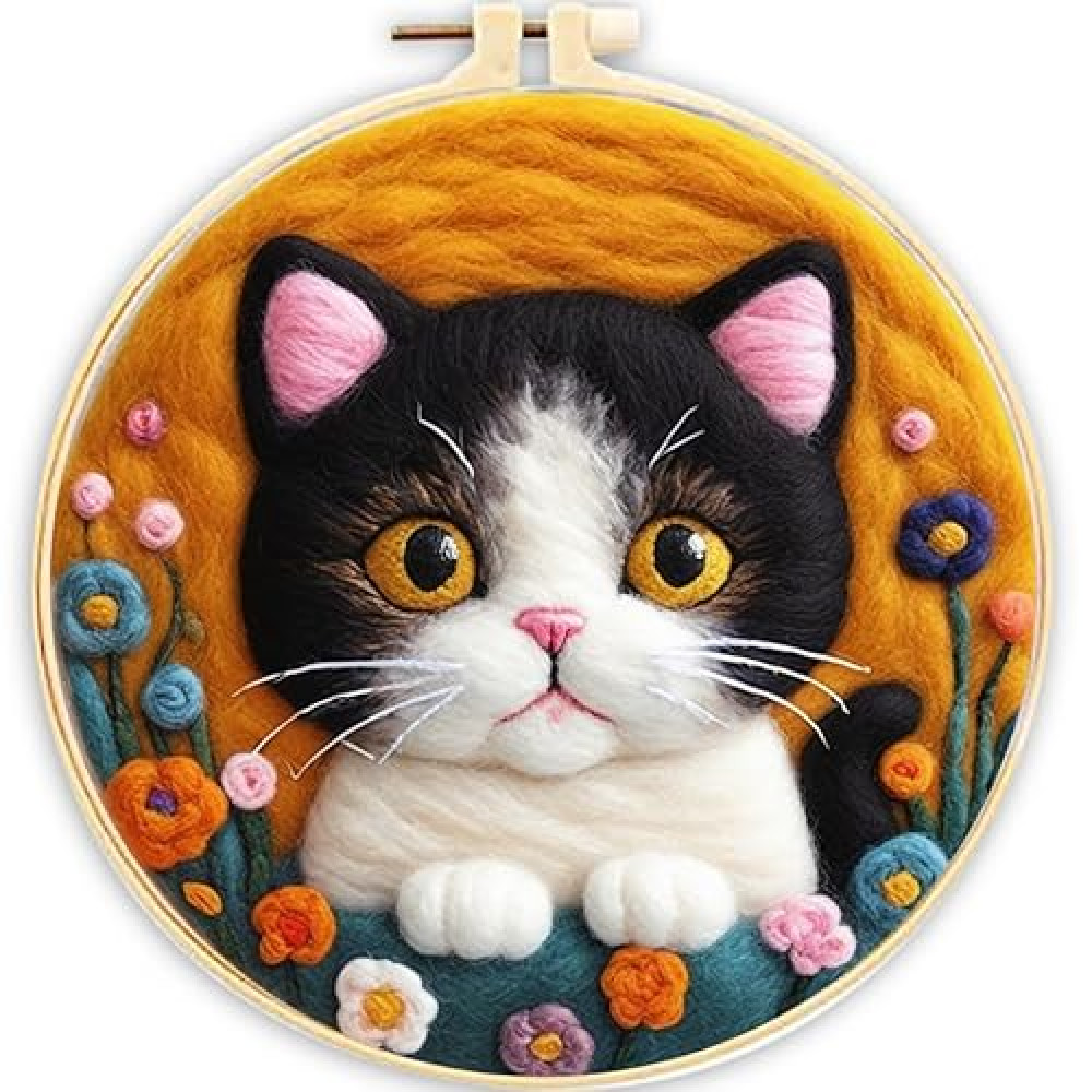 Perycomly Needle Felting Kit for Beginner – Cat Needle Wool Felting Set with Needles, Foam Pad, Felt Cloth, Picture Frame, and Instructions – Great Gift Decoration