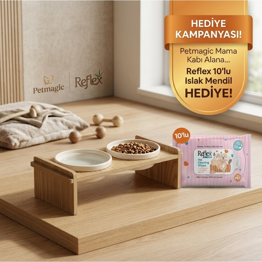 Petmagic Reflex Islak Mendil Hediyeli Ahşap Kedi Köpek Mama Kabı Standı – Seramik Çift Kaseli Yükseltilmiş Bebek Mendil-Islak Mendil Fiyatı