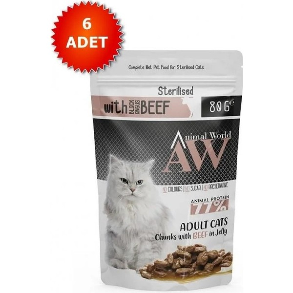 Pets Animal World Sterilised Jöleli Parça Sığır Etli Kısırlaştırılmış Kedi Pouch Mama 80GR 6 Adet Evcil Hayvan Ürünleri Fiyatı