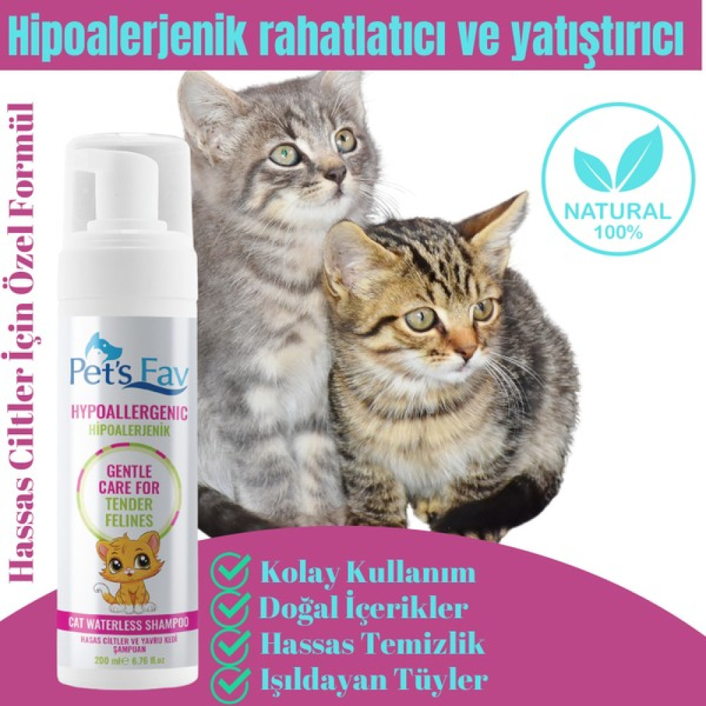 Pets Fav Hipoalerjenik Hassas Ciltler Için Doğal ve Organik Kuru Köpük Yavru Kedi Şampuanı Evcil Hayvan Ürünleri Fiyatı