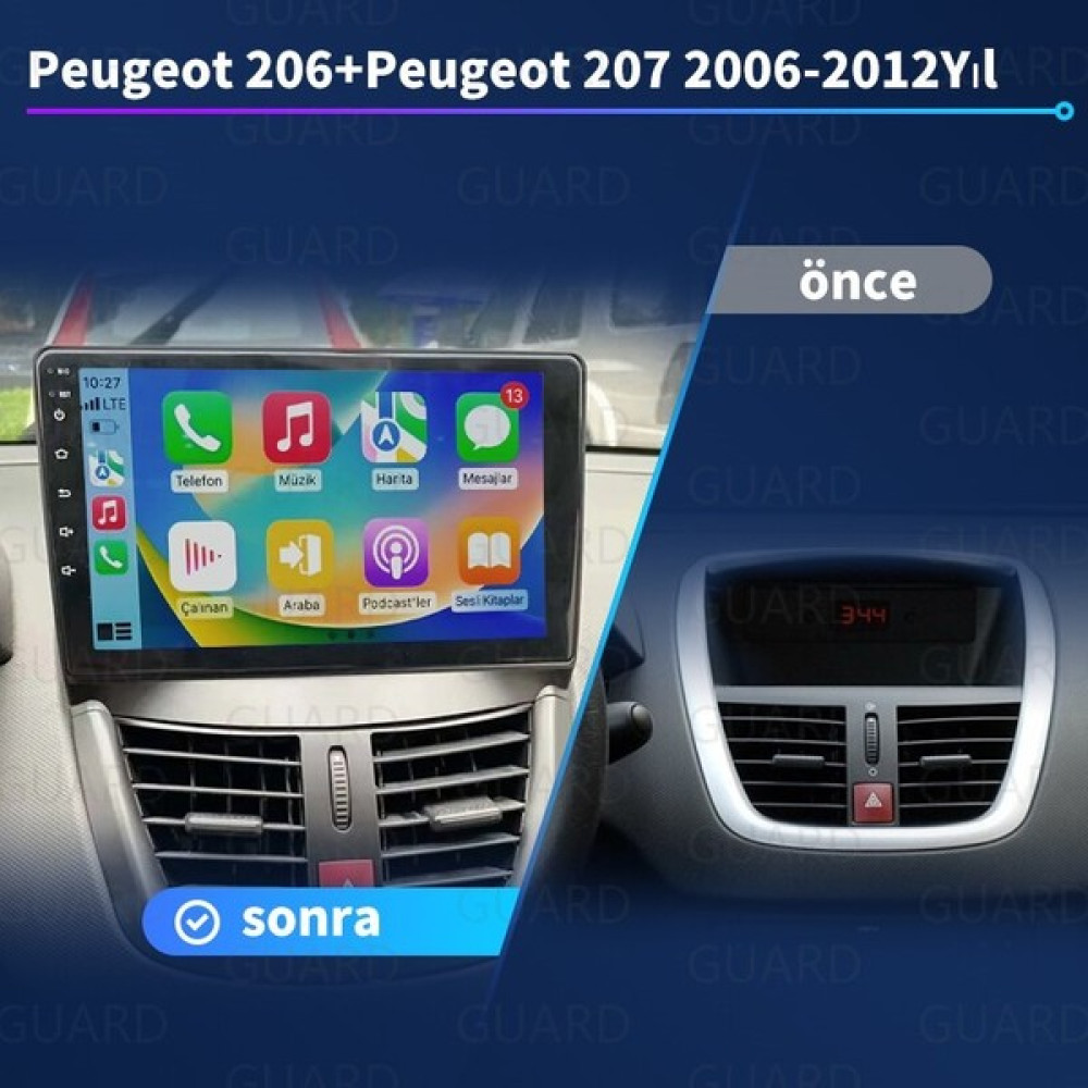 Peugeot-206+/Peugeot-207(2006-2012Yıl )4Gb Ram +64Gb Rom Hafıza Multimedya Android Sürüm 13 Kablosuz Carplay Navigasyon 9 Inç Ekran Oto Görüntü Sistemleri Fiyatı