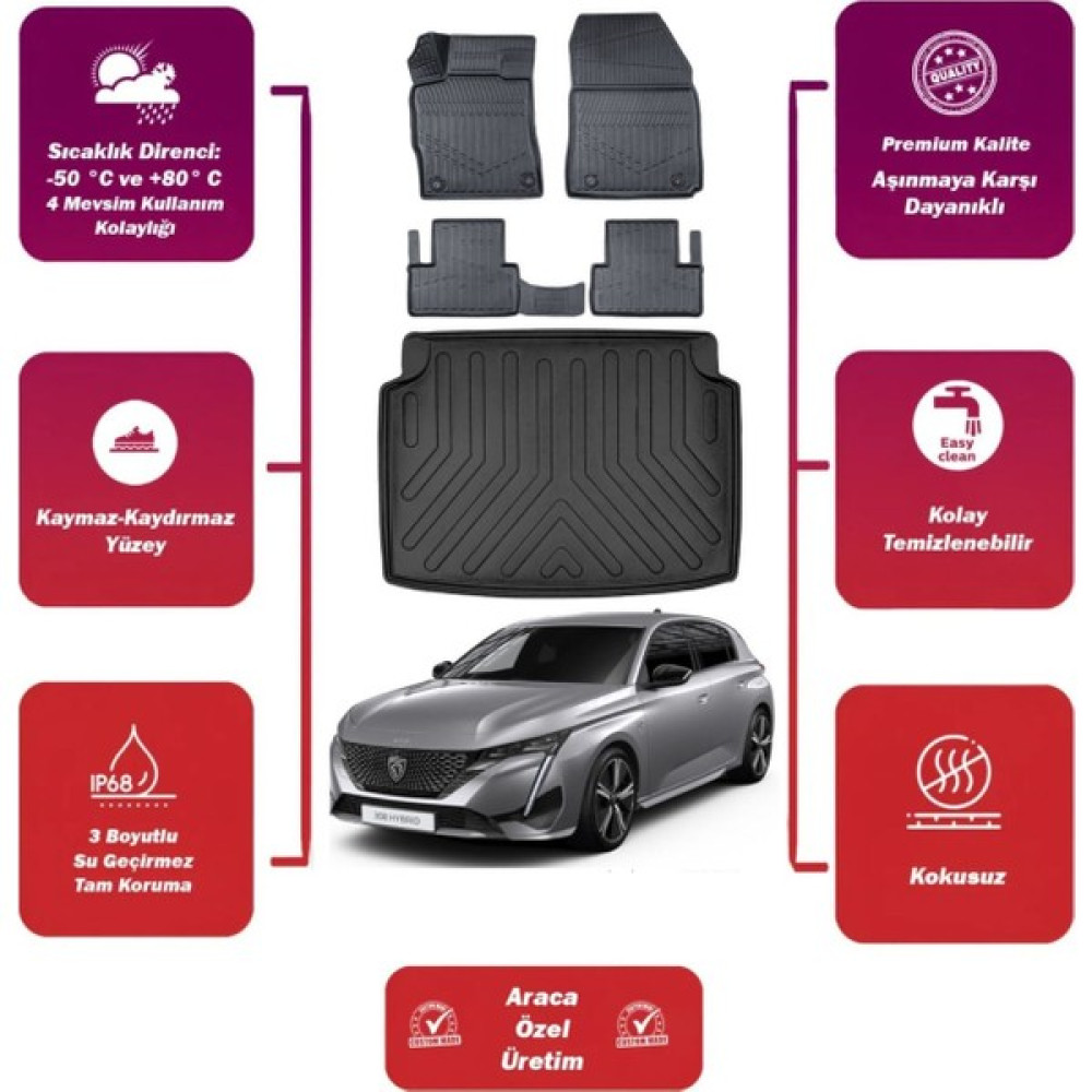 Peugeot 308 2024 Model Bagaj Havuzu+4d Araca Özel Havuzlu Paspas Takımıı Maxii - Siyah Oto Paspas Fiyatı