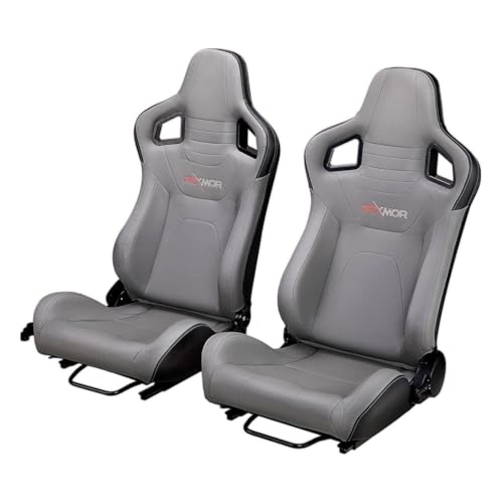 PEXMOR 2 Pcs Reclinable Universal Racing Bucket Seats w/Dual Slider, PU & Carbon Leather Adjustable Race Seats for Cars, Driver and Passenger Side, 21.5" W X 21.5" D X 38"H