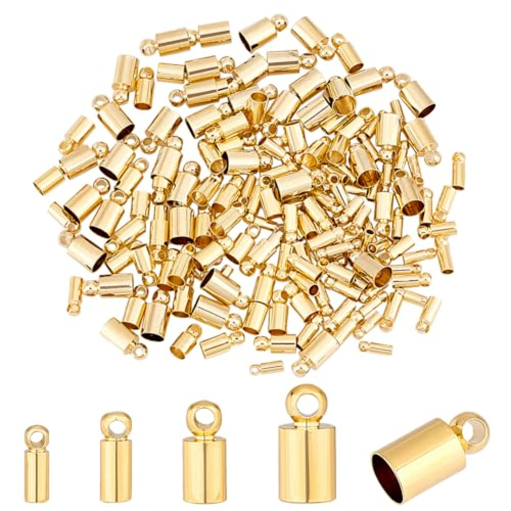PH PandaHall 14K Gold Cord Ends Caps 160pcs Thread Ends Caps Alloy Tube Crimp Beads End Caps Rope Ends Tips Calotte End Caps Craft for Bracelet Necklaces Jewelry Making 6/7/8/9mm