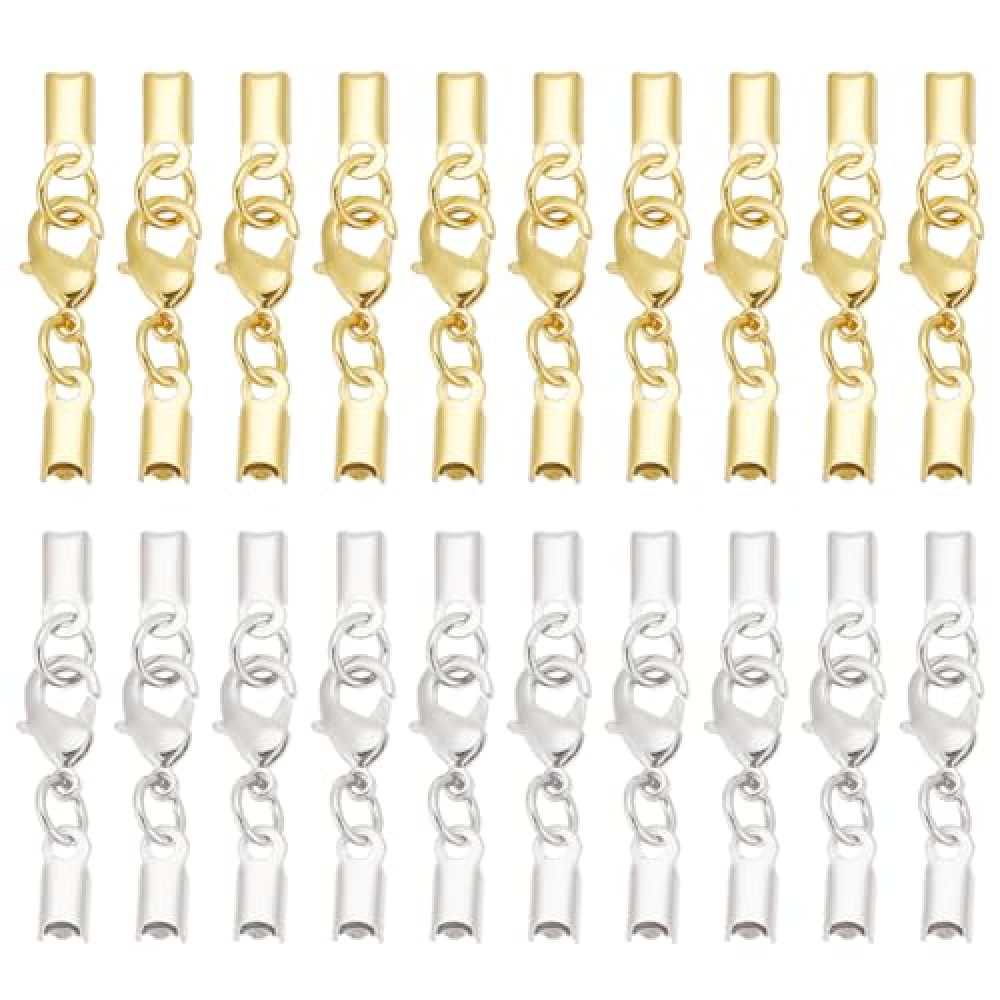 PH PandaHall 20 Sets Fold Over Cord End Caps Necklace Cord Ends Brass Lobster Claw Clasps Terminators End Tips Crimp Covers Clips for Ribbon Tassel Bracelet Necklace Jewelry Making, Silver Golden