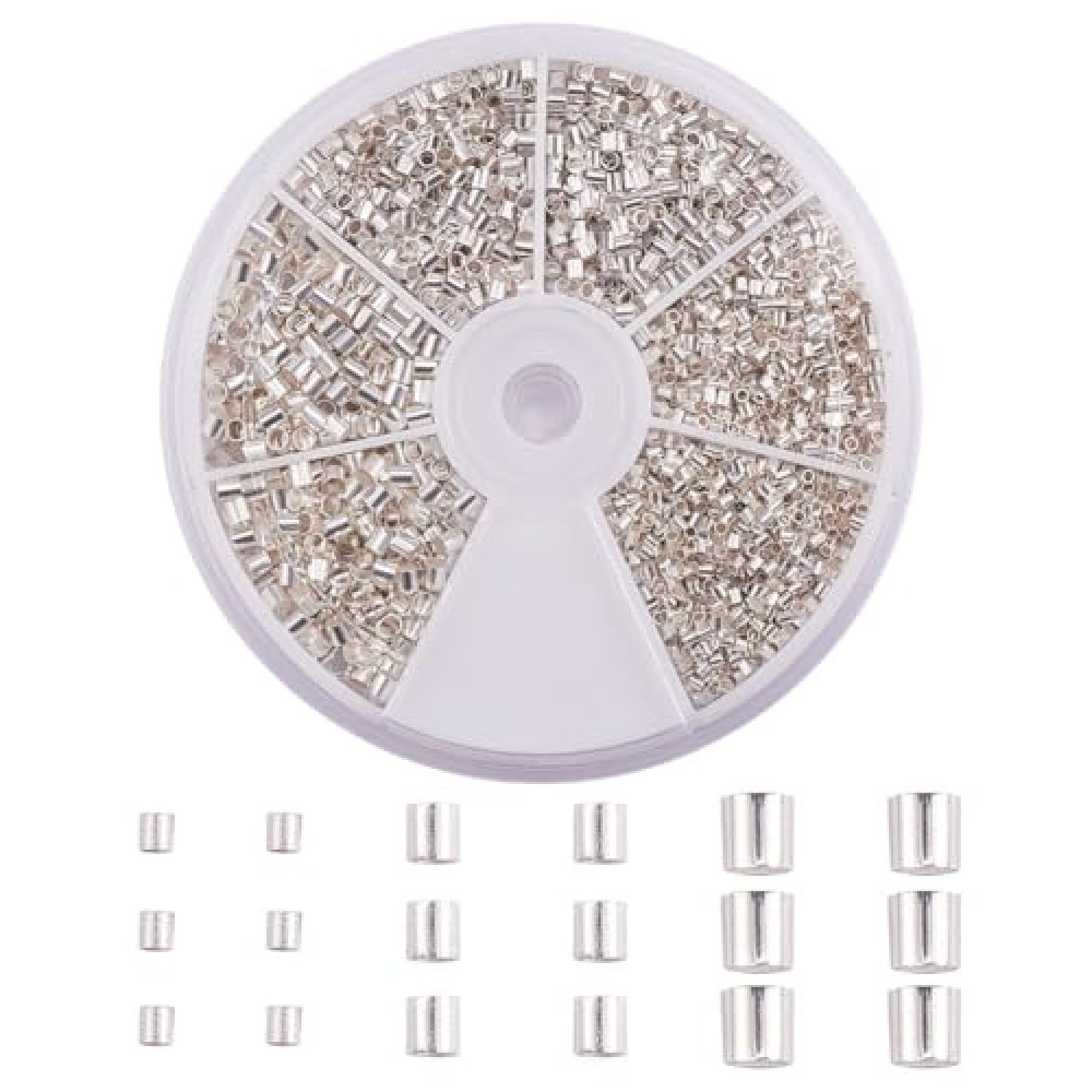 PH PandaHall Crimp Tube Beads, 3000 Pcs 1.5mm 2mm 2.5mm Brass Tube Crimp End Spacer Beads Cord End Caps Loose Stopper Beads for Earring Necklace Pendant DIY Jewelry Gift Making, Silver