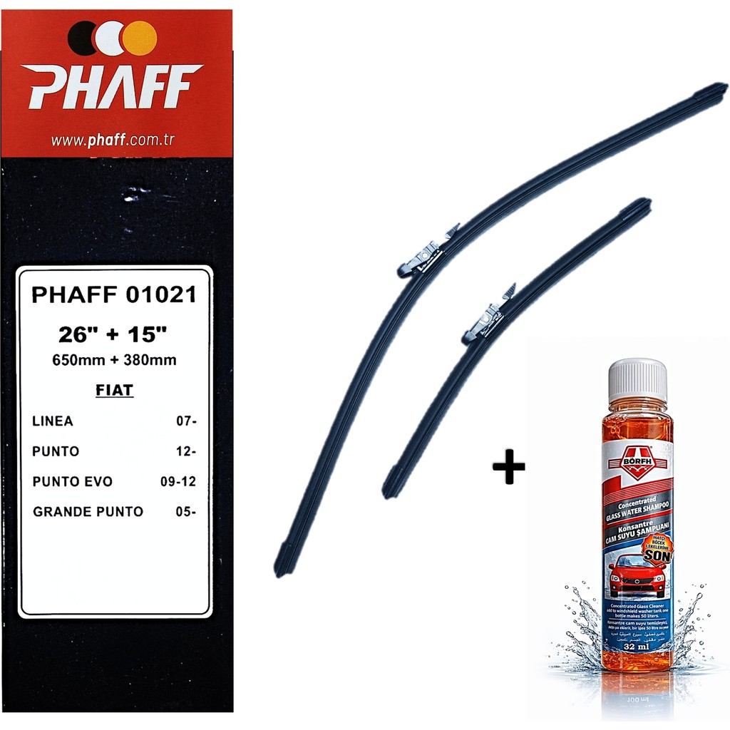 Phaff Fiat Punto (2007-2017) Ön Silecekleri (650MM+380MM) ve Börfh 32 ml Konsantre Cam Suyu Şampuanı Seti Araca Özel Silecekler Fiyatı