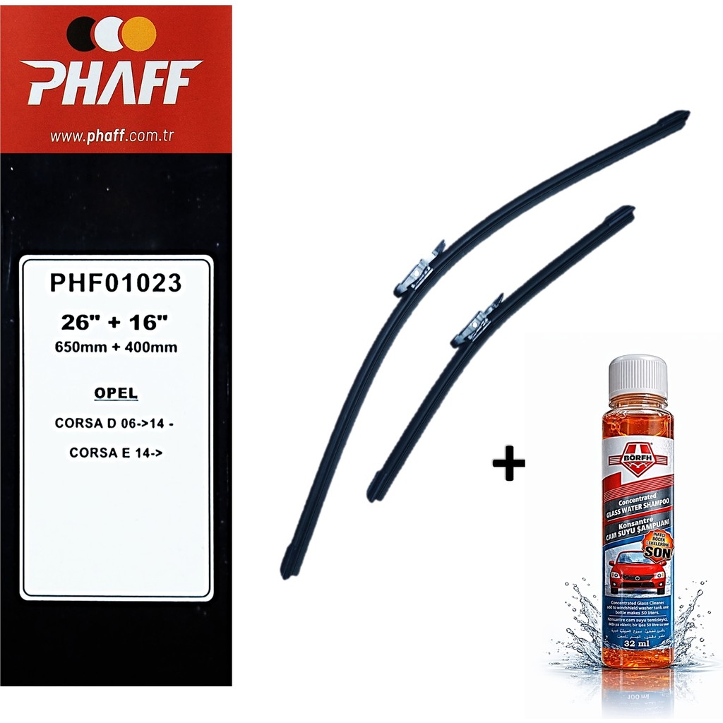 Phaff Opel Corsa D (2006-2014) Ön Silecekleri (650MM+400MM) ve Börfh 32 ml Konsantre Cam Suyu Şampuanı Seti Araca Özel Silecekler Fiyatı