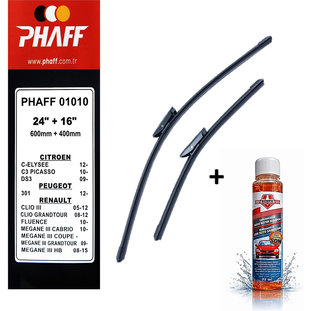 Phaff Peugeot 301 (2012-2020) Ön Silecekleri (600MM + 400MM) ve Börfh 32 ML Konsantre Cam Suyu Şampuanı Araca Özel Silecekler Fiyatı