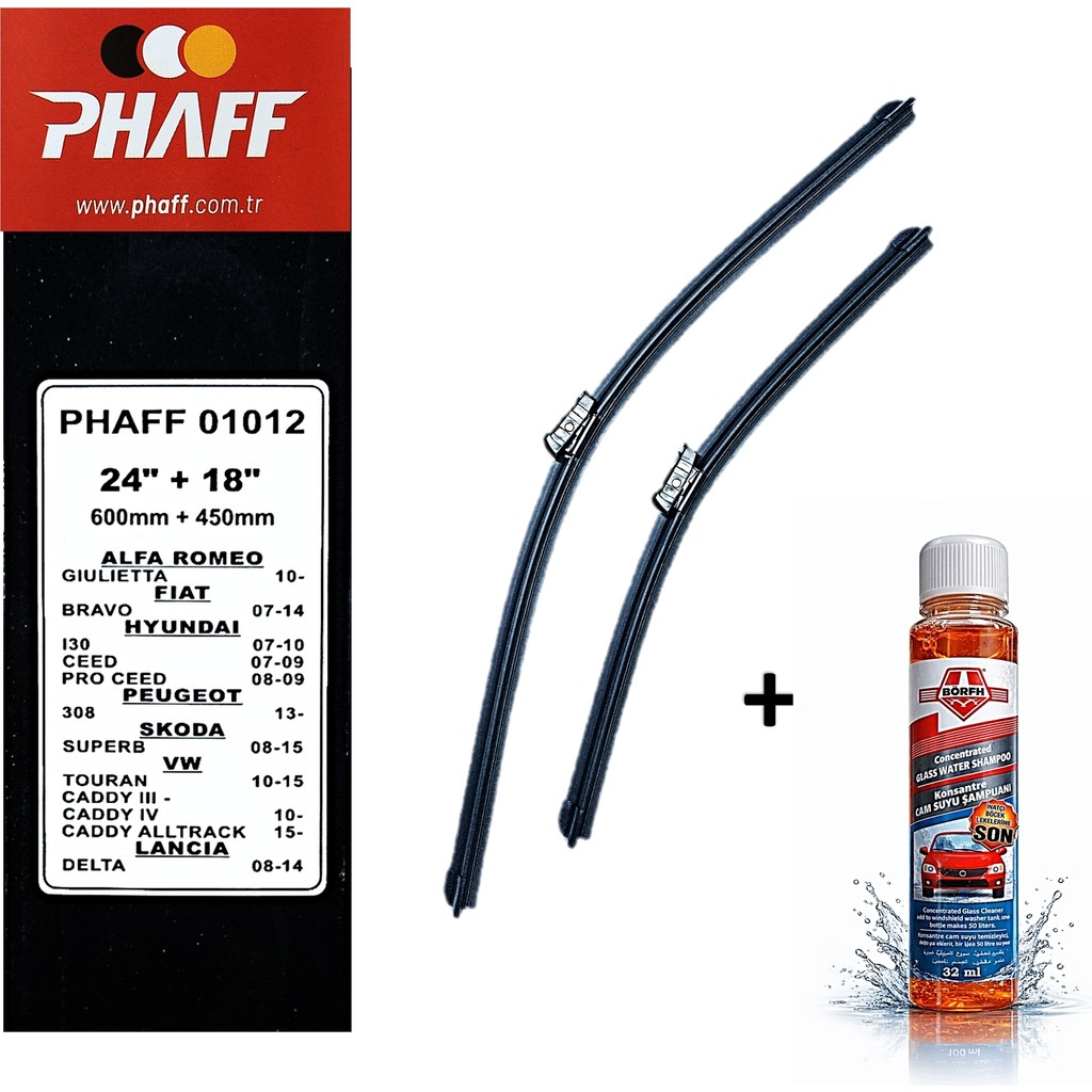 Phaff Vw Caddy 3 (2007-2015) Ön Silecekleri (600MM+450MM) ve Börfh 32 ml Konsantre Cam Suyu Şampuanı Seti Araca Özel Silecekler Fiyatı