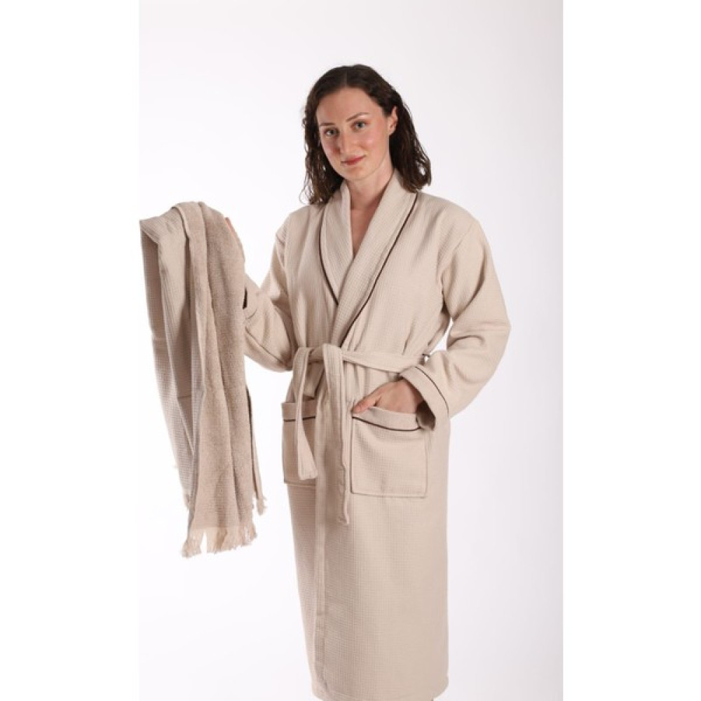 Phaselis Home Waffle Desenli Bornoz-Banyo Havlu Takımı - 4XL - Bej Bornoz Fiyatı