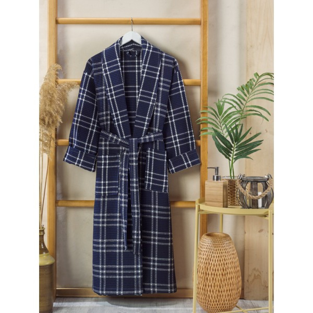 Philippus Yazlık Pike Ekose Erkek Şalyaka Bornoz Lacivert - 3XL Bornoz Fiyatı