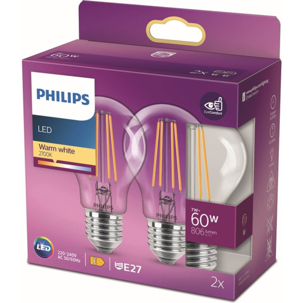 Philips A60 LED Classic 60W E27 Non-Dim 2'li Ampul - 2700K - Sarı Işık - 8 W Led Aydınlatmalar Fiyatı