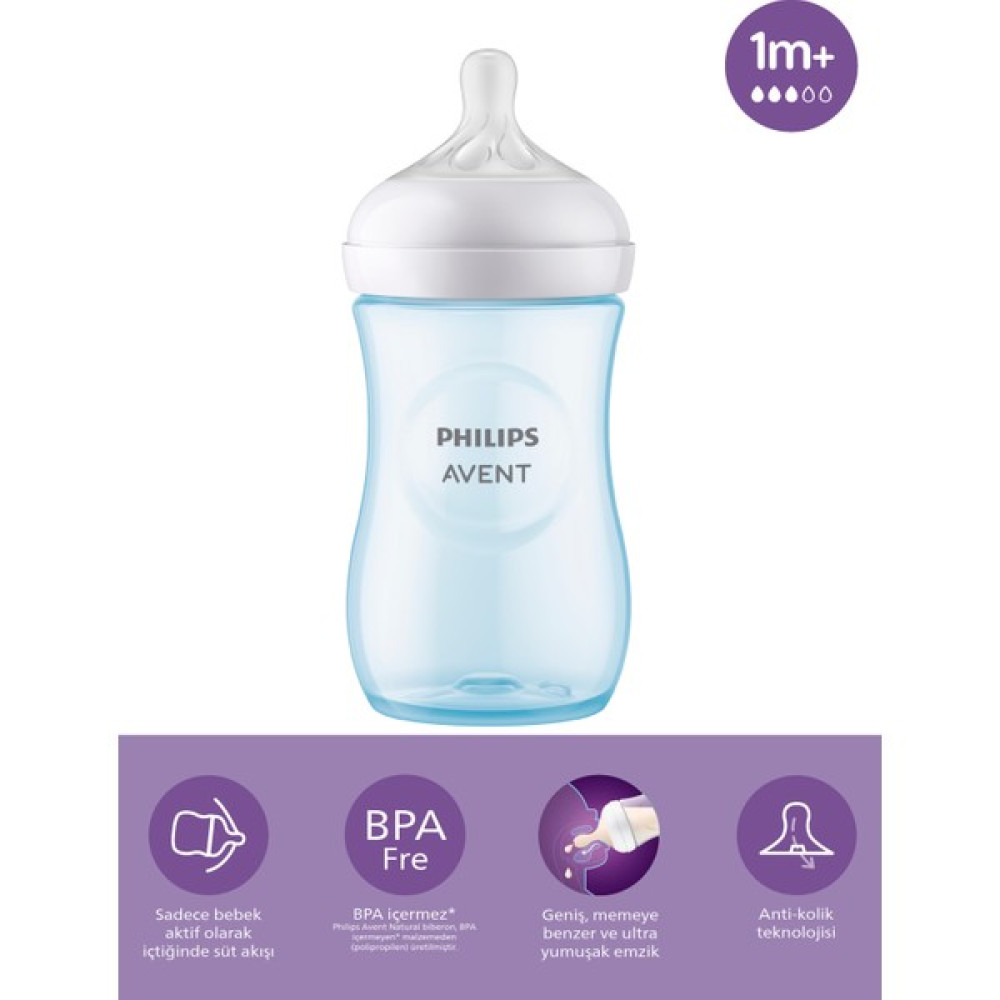 Philips Avent Natural Response Pp Mavi Biberon, 260ML, 1+ Ay,doğal Tepkili Biberon Emziği, SCY903/21 Biberon Fiyatı