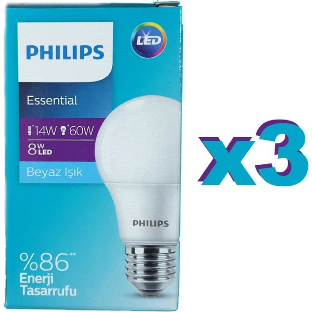 Philips LED Ampul 8 Watt Beyaz Işık Tasarruflu 3 Adet Led Aydınlatmalar Fiyatı