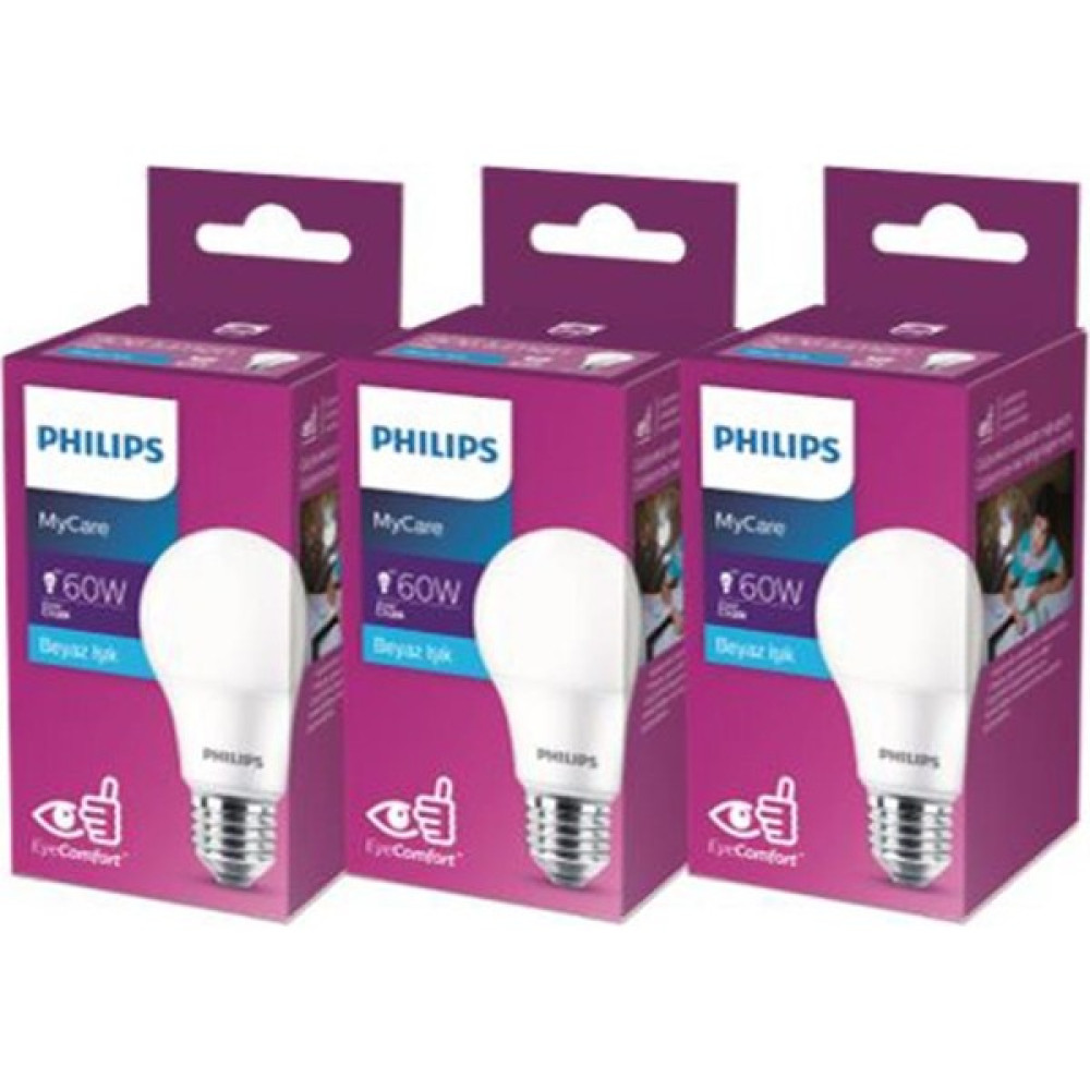 Philips Ledbulb 8-60W 806LM E27 New Gen 3’lü Ampul – 6500K - Beyaz Işık - 1 - 10 W Led Aydınlatmalar Fiyatı