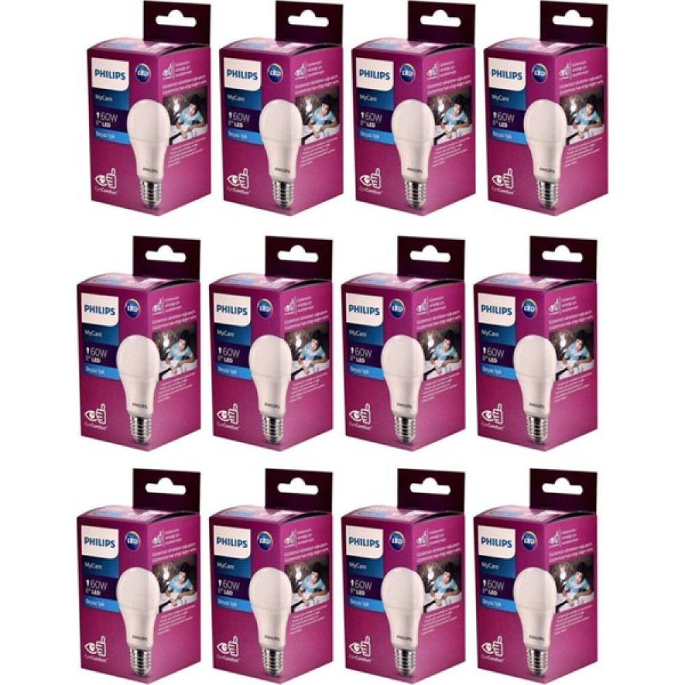Philips Mycare LED Lamba 8W - 60W E27 Duy 6500K Beyaz Işık (12 Li Paket) Led Aydınlatmalar Fiyatı