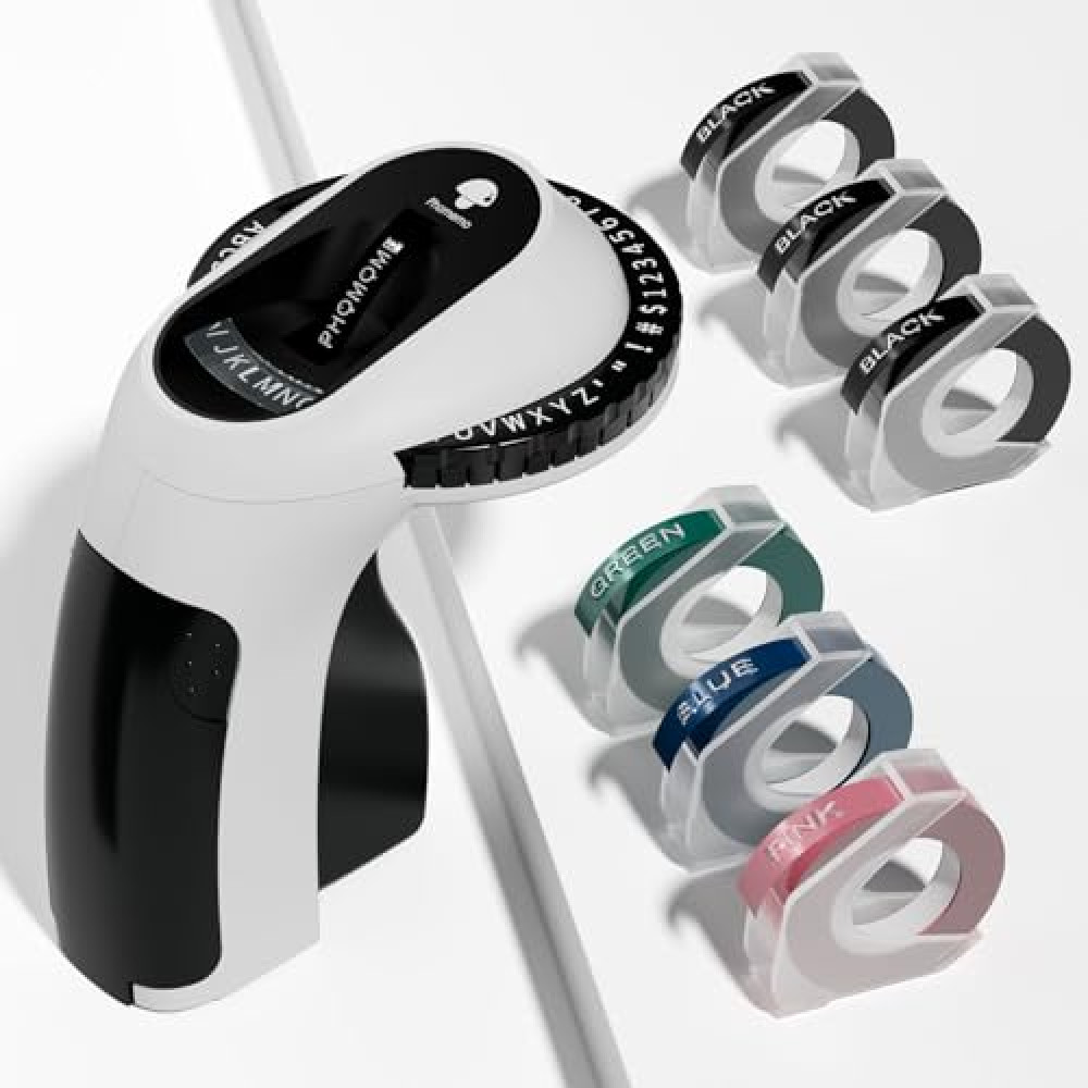 Phomemo Embossing Label Maker with Tape, Vintage Manual Label Maker, Retro Labeler with 6 Rolls 3D Embossing Label Tapes Waterproof for Home Office Kids DIY Crafting -Black