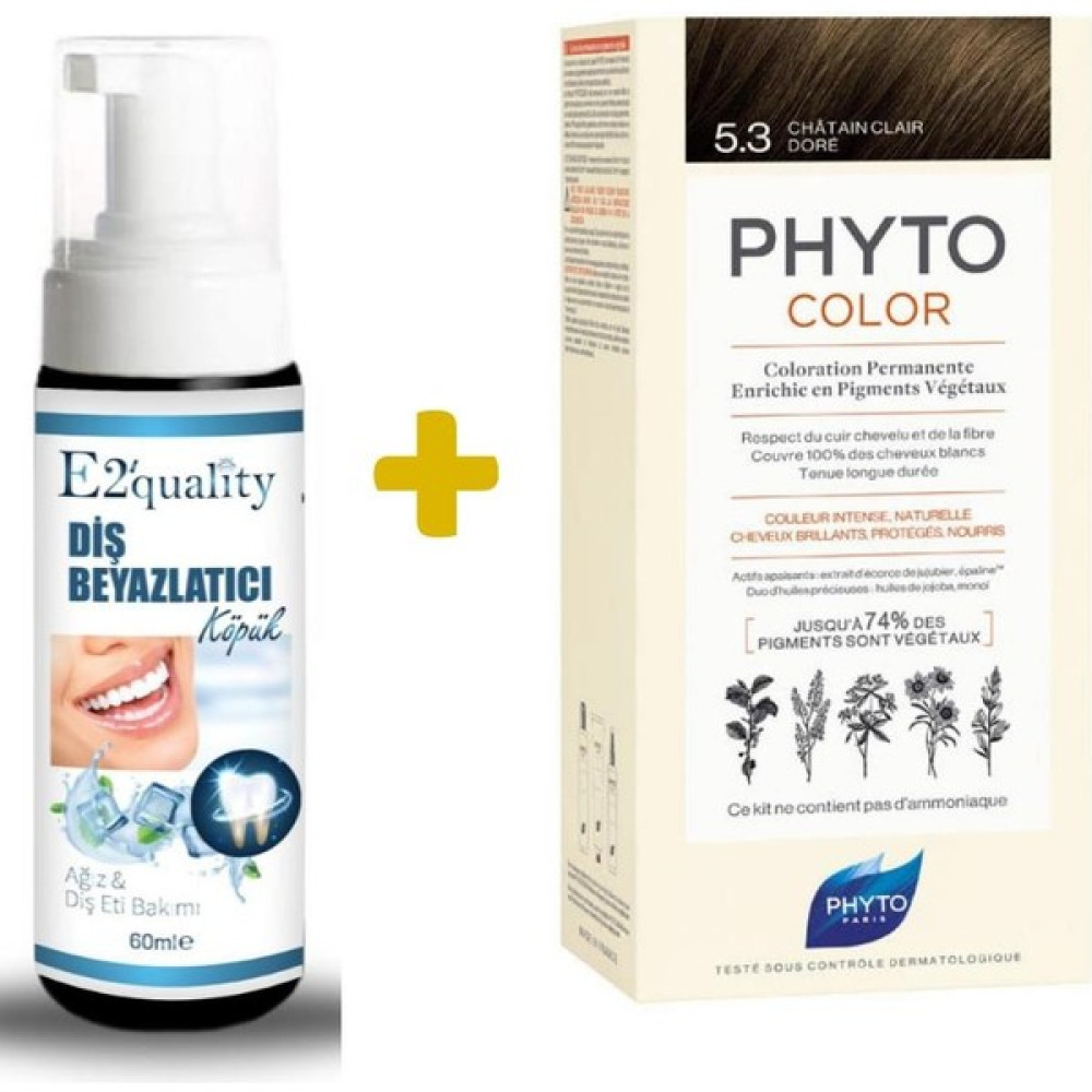 Phyto E2'Quality Diş Beyazlatıcı Köpük + Phyto Phytocolor Bitkisel Saç Boyası - 5.3 - Açık Kestane Dore - 1 Saç Boyası Fiyatı