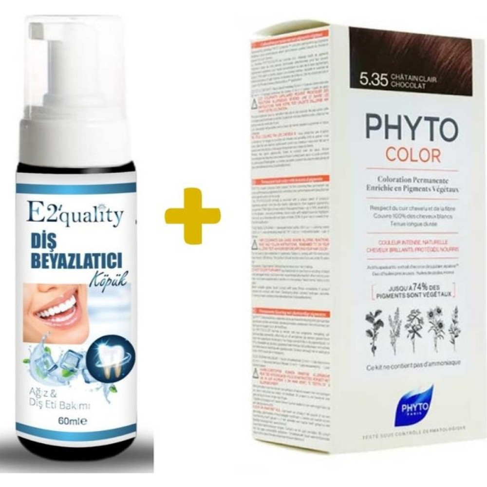 Phyto E2'Quality Diş Beyazlatıcı Köpük + Phyto Phytocolor Bitkisel Saç Boyası 5.35 - Açık Kestane Dore Akaju Yeni Formül - 1 Saç Boyası Fiyatı