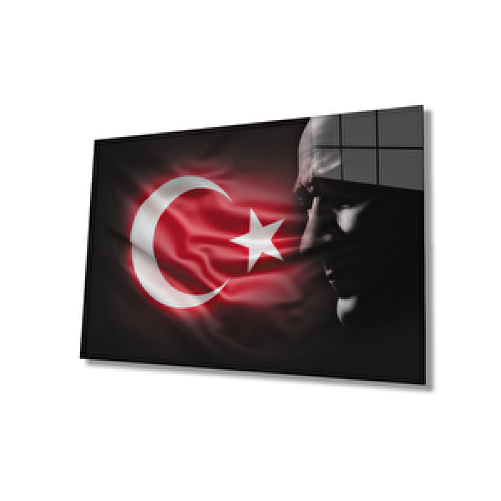 Pi Dekorasyon Atatürk Bayrakatatürk Silüetli Gölgesiz Siyah Fonlu Cam Tablo 90x60 cm Tablo & Poster Fiyatı