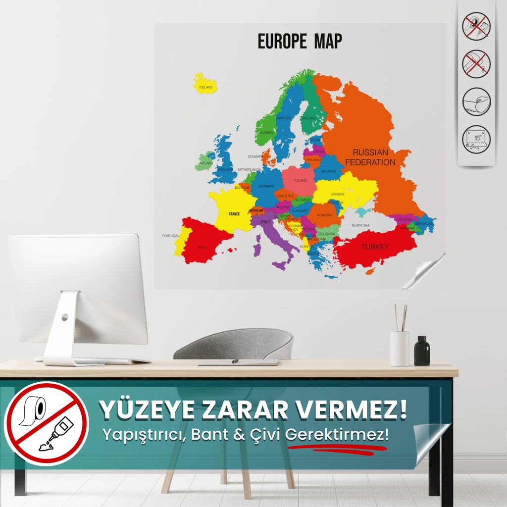 Pi Papers Avrupa Haritası, Iz Bırakmaz, Yapışkansız Kendiliğinden Tutunan, Pratik, Statik Akıllı Kağıt Harita Diğer Fiyatı