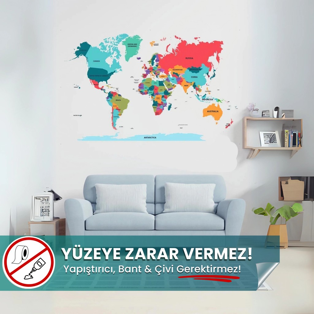 Pi Papers World Map, Renkli Dünya Haritası - Yapışkansız Elektrostatik Özellikle Tutunan Statik Akıllı Kağıt (İngilizce) Diğer Fiyatı