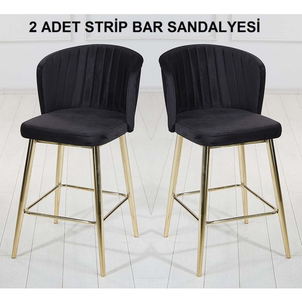 Pi Sandalye 2 Adet Strip Ada Mutfak ve Bar Sandalyesi - Bar Taburesi - Silinebilir Babyface Kumaş - Gold Ayak - Siyah Masa - Sandalye & Tabure Fiyatı