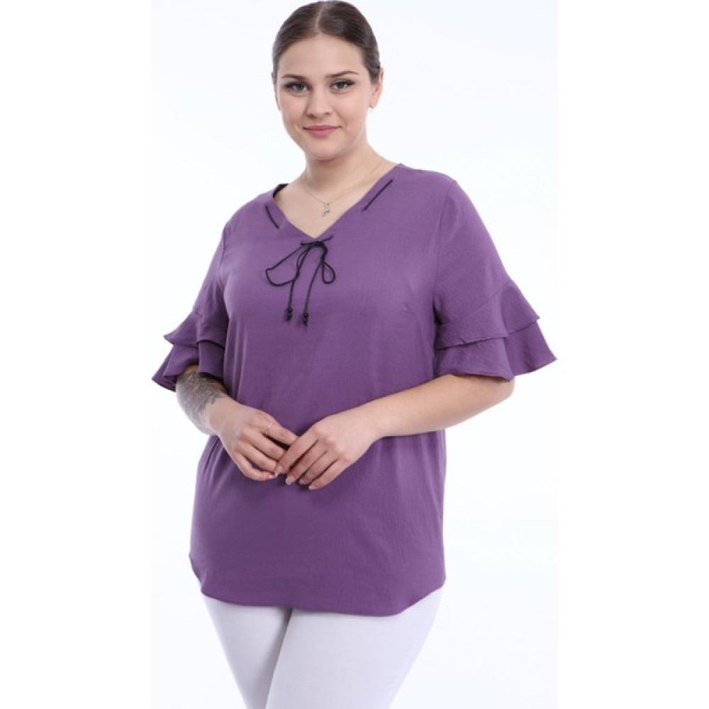 Piano Luce Kadın Büyük Beden Volanlı Kol Bluz Lila L2319 Bluz Fiyatı