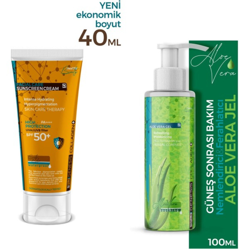 Piar Genesis Collagen Suncream SPF50 Renkli Kapatıcı Yüz Güneş Kremi 40 ml + Aftersun Jel 75 ml Güneş Kremleri ve Losyonları Fiyatı