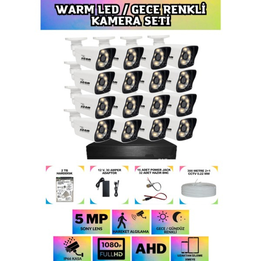 Picam 16 Kameralı Gece Renkli Güvenlik Seti 2 Tb Harddisk -16K0D- 5 mp Sony Lensli 1080P Fullhd Warmled Kamera Seti Güvenlik Kameraları Fiyatı