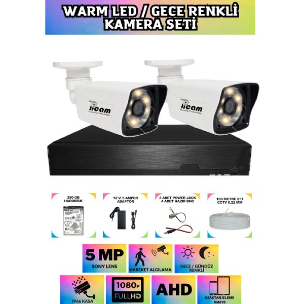 Picam 2 Kameralı Gece Renkli Güvenlik Seti 250 GB Harddisk -2K0D- 5 mp Sony Lensli 1080P Fullhd Warmled Kamera Seti Güvenlik Kameraları Fiyatı