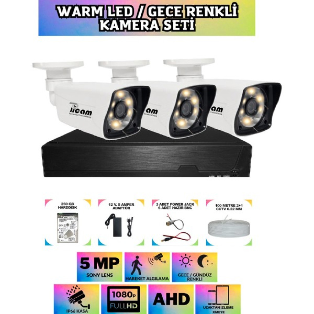 Picam 3 Kameralı Gece Renkli Güvenlik Seti 250 GB Harddisk -3K0D- 5 mp Sony Lensli 1080P Fullhd Warmled Kamera Seti Güvenlik Kameraları Fiyatı