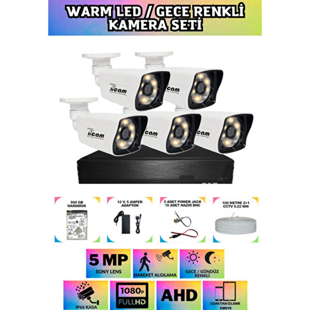 Picam 5 Kameralı Gece Renkli Güvenlik Seti 500 GB Harddisk -5K0D- 5 mp Sony Lensli 1080P Fullhd Warmled Kamera Seti Güvenlik Kameraları Fiyatı