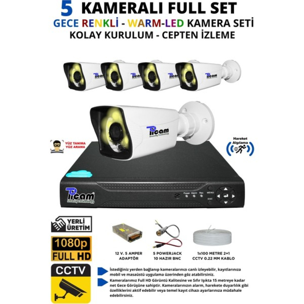 Picam 5 Kameralı Gece Renkli Warm-Led Kamera Seti HDD Yok -5K0D Oto Boyaları Fiyatı