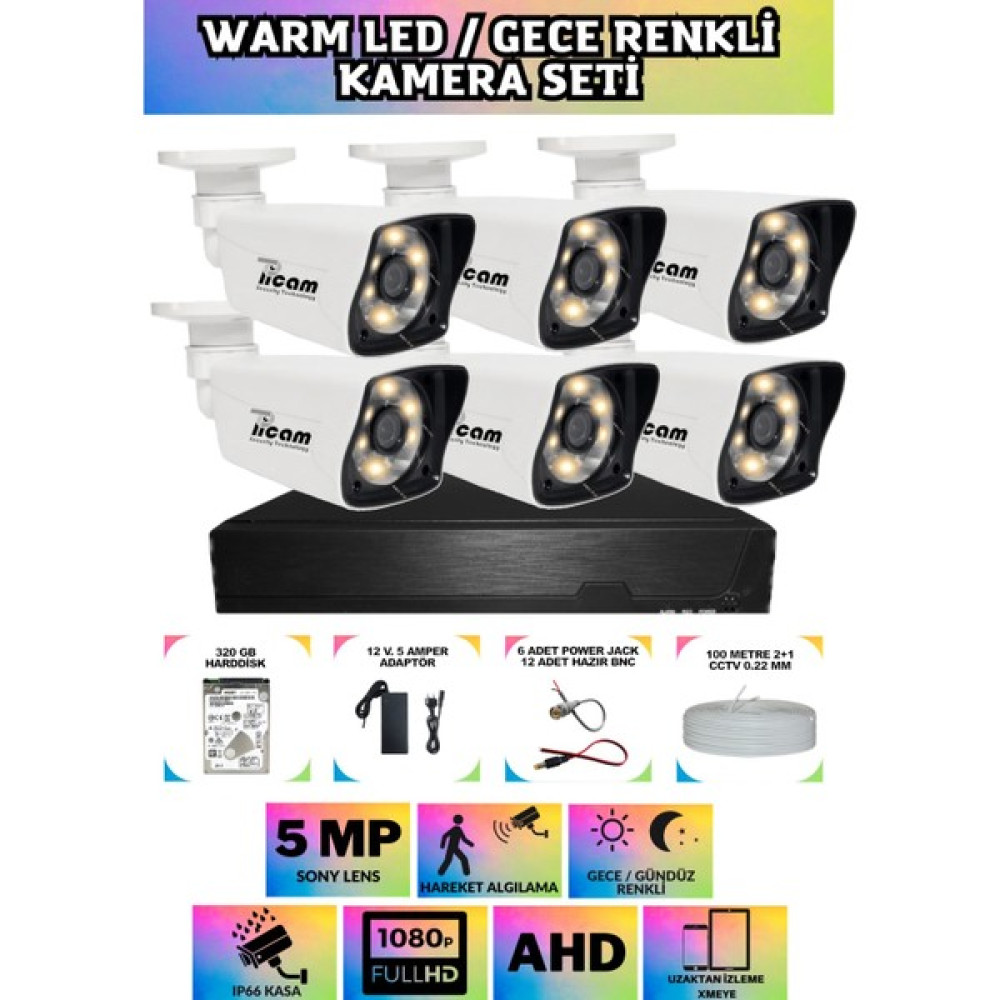 Picam 6 Kameralı Gece Renkli Güvenlik Seti 320 GB Harddisk -6K0D- 5 mp Sony Lensli 1080P Fullhd Warmled Kamera Seti Güvenlik Kameraları Fiyatı