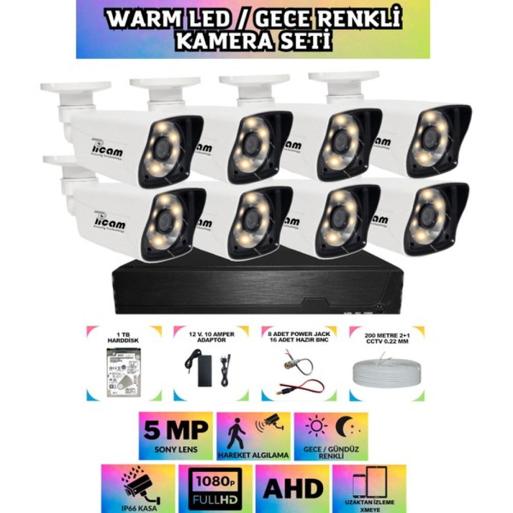Picam 8 Kameralı Gece Renkli Güvenlik Seti 1 Tb Harddisk -8K0D- 5 mp Sony Lensli 1080P Fullhd Warmled Kamera Seti Güvenlik Kameraları Fiyatı