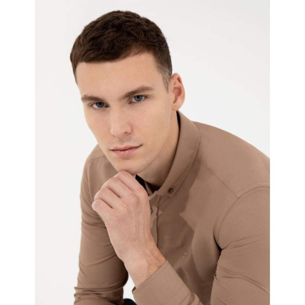 Pierre Cardin Erkek Açık Kahverengi Slim Fit Oxford Gömlek 50258968-VR002 Erkek Gömlek Fiyatı