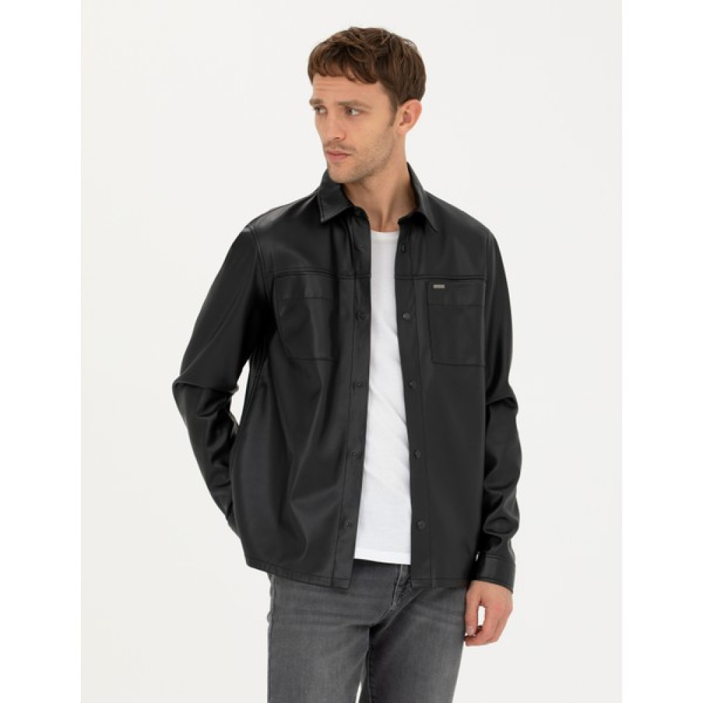 Pierre Cardin Erkek Siyah Regular Fit Deri Uzun Kollu Gömlek 50276365-VR046 Erkek Gömlek Fiyatı
