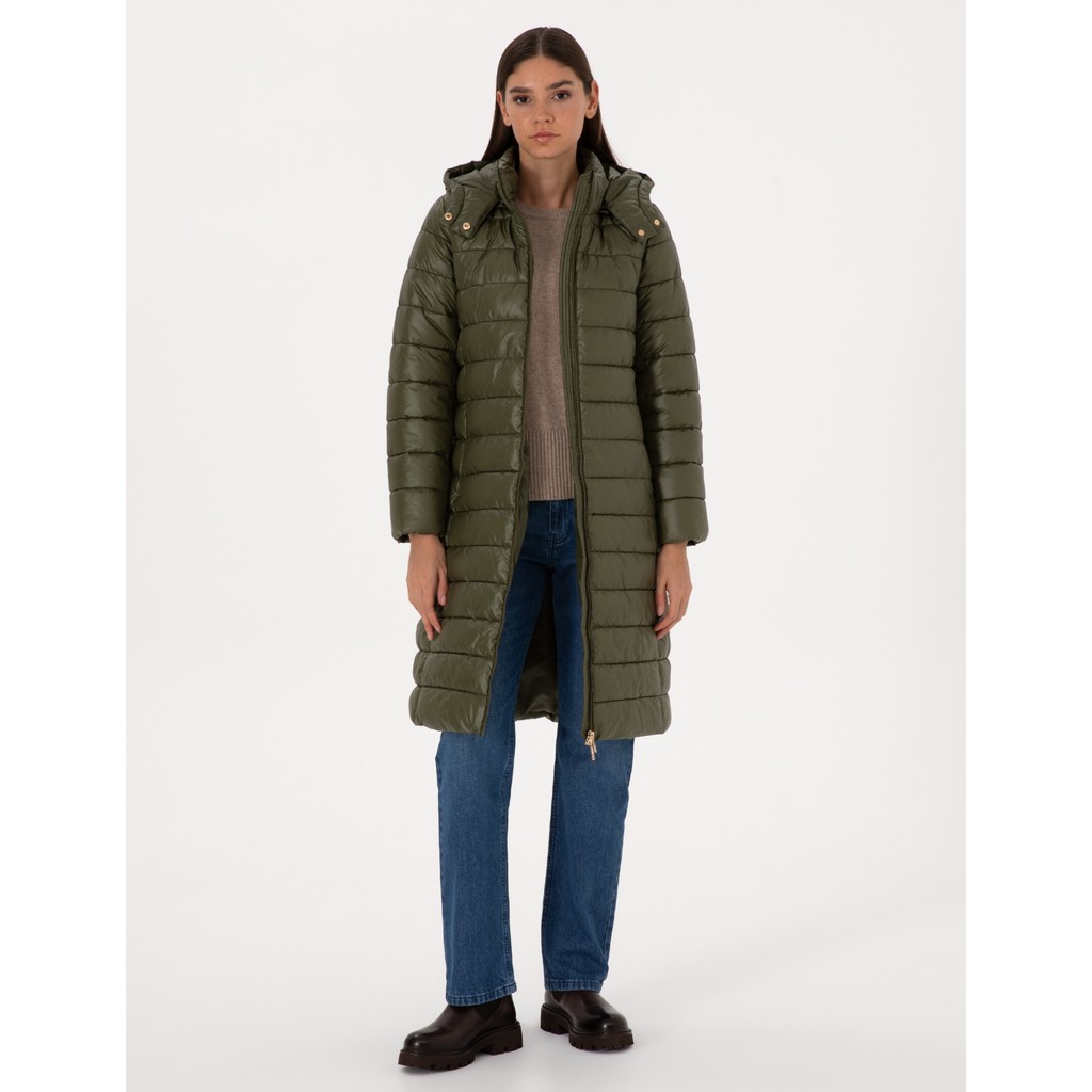 Pierre Cardin Kadın Haki Çıkarılabilir Kapüşonlu Kapitone Uzun Mont 50314165-VR027 Kadın Kaban Fiyatı