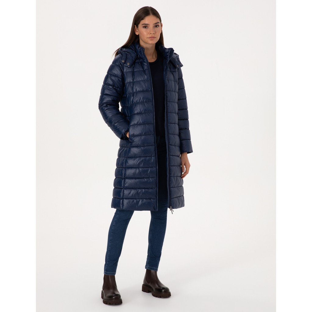 Pierre Cardin Kadın Lacivert Çıkarılabilir Kapüşonlu Kapitone Uzun Mont 50314165-VR033 Kadın Kaban Fiyatı