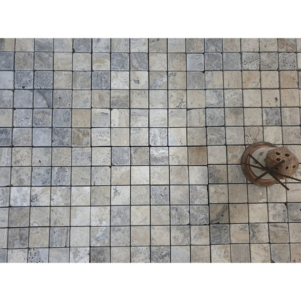 Pietramosaic Eskitme Doğal Taş Dekorasyon Gümüş Silver Traverten Mermer Duvar Kaplama Fileli Mozaik 5x5 cm Dış Cephe Yalıtım Malzemeleri Fiyatı