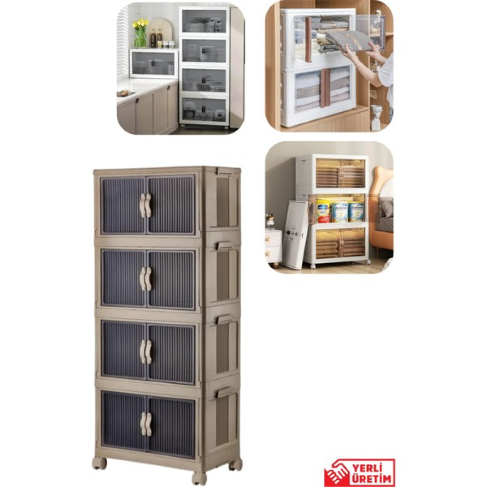 Piev Çok Amaçlı Kapaklı Portatif Istiflenebilir Tekerlekli Organizer Dolap 4 Lü Cappuccino - 4 Katlı - Cappucino Banyo Dolabı / Mobilyası Fiyatı