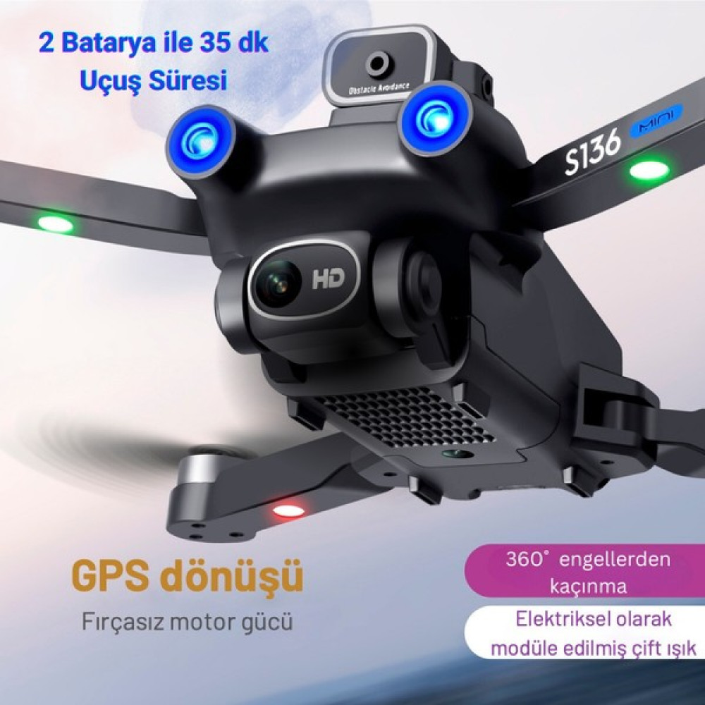 Piha S136 Drone 35 Dakika Uçuş Süresi Beni Takip Et Modu 5g 1080PLUS Hd Çift Kamera Gps Engelden Kaçınma Modu - Siyah - 2 Batarya Drone Fiyatı